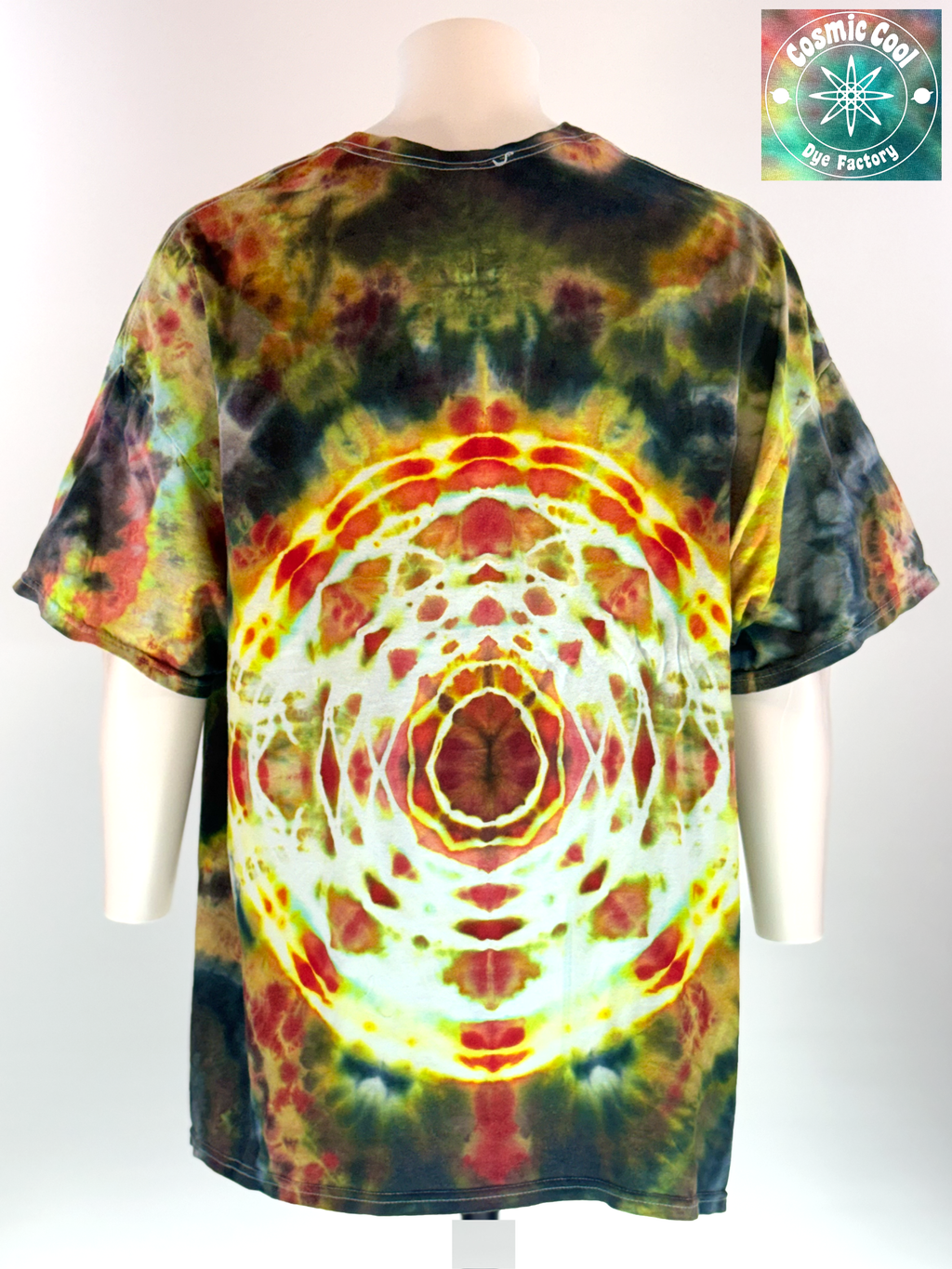 Back view of a 4XL short sleeve artisan tee. "Astral Projection" features deep, infinite voids of space-black punctuated by explosive bursts of neon violet, teal, and electric white.  