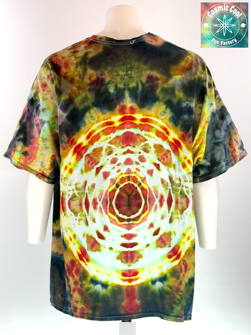 Back view of a 4XL short sleeve artisan tee. "Astral Projection" features deep, infinite voids of space-black punctuated by explosive bursts of neon violet, teal, and electric white.  