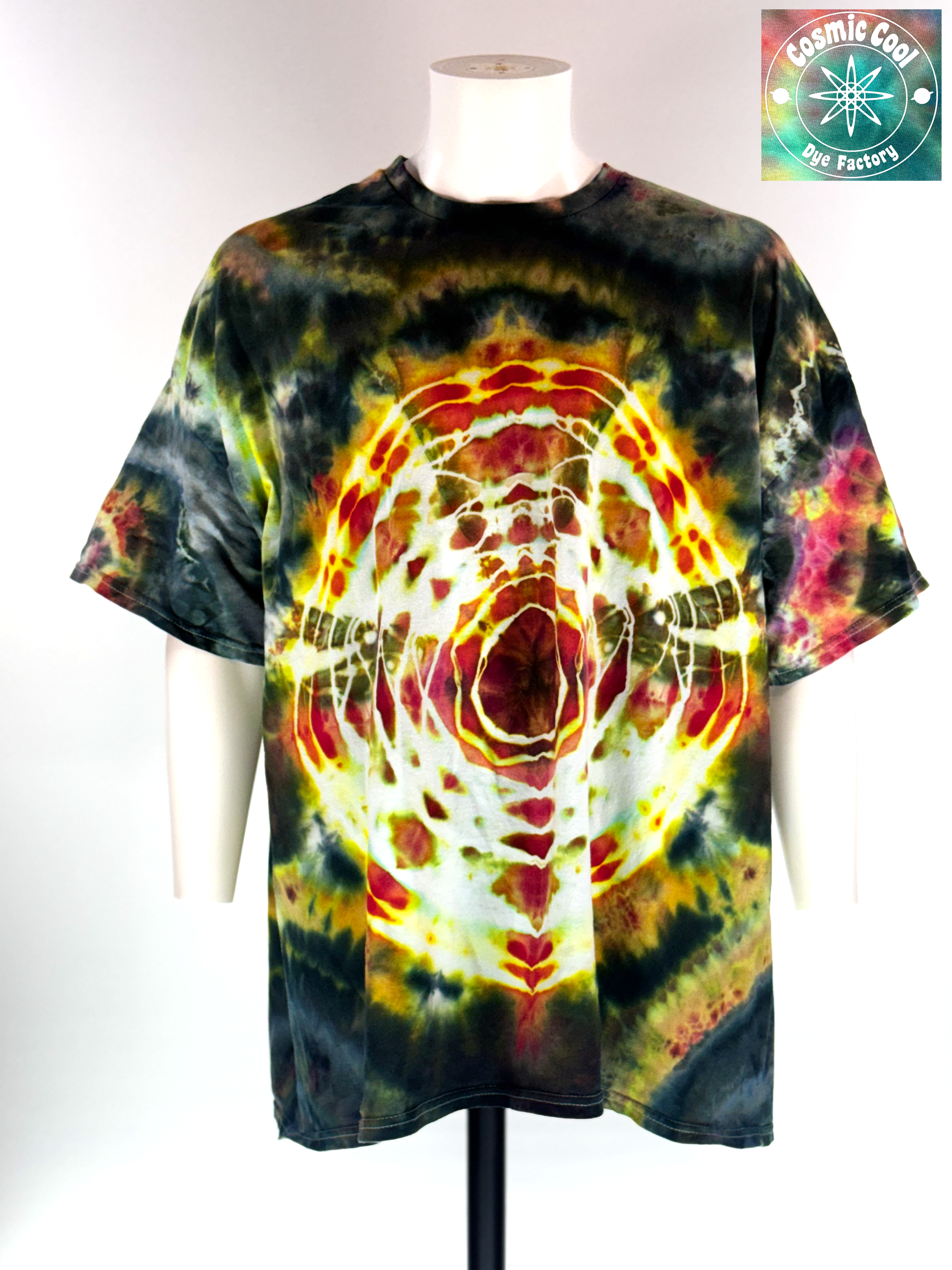 Front view of a 4XL Short sleeve artisan Tee.  "Astral Projection" features deep, infinite voids of space-black punctuated by explosive bursts of neon violet, teal, and electric white. 