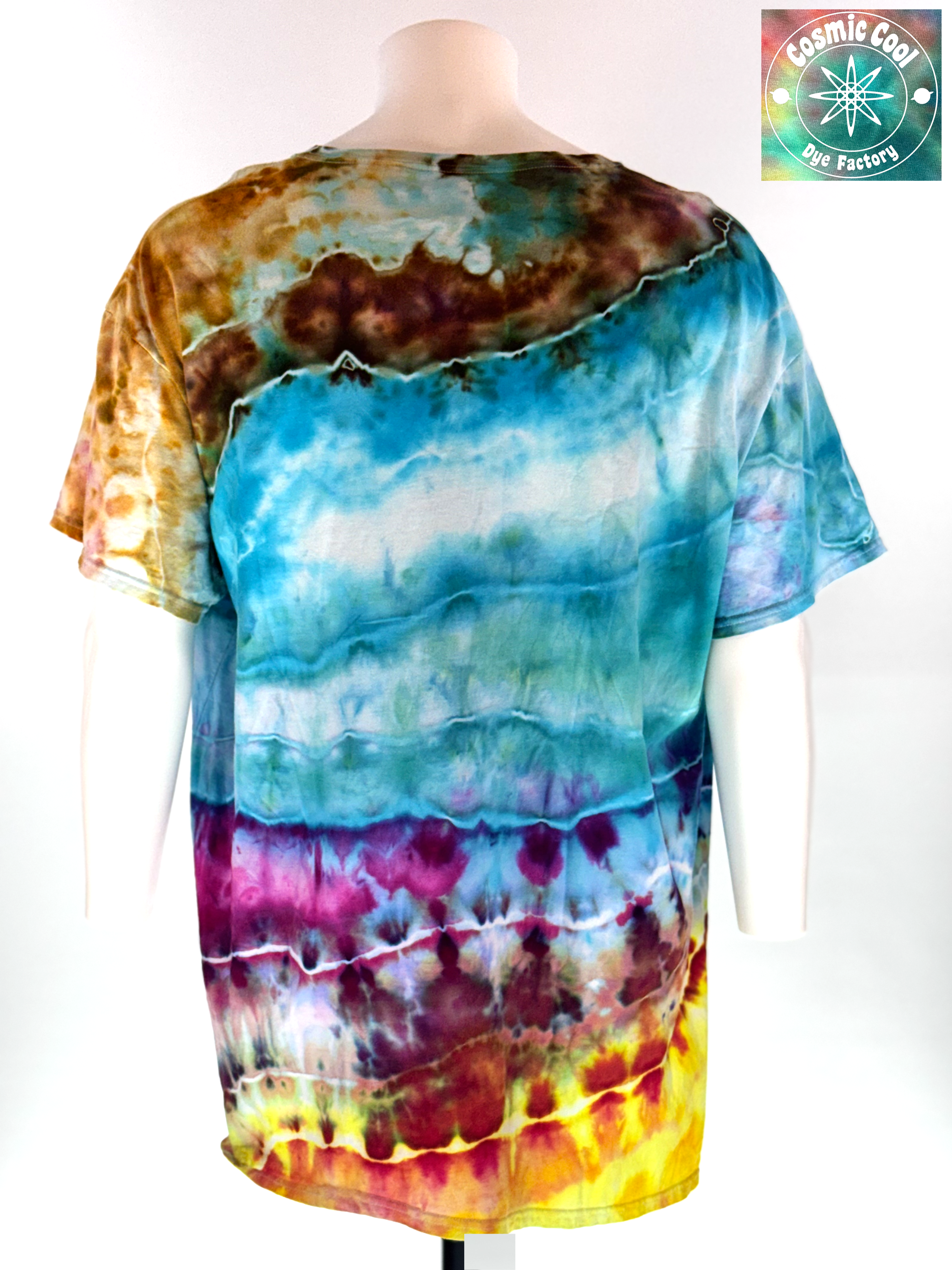Back View of 3XL short sleeve artisan tee. "Planetary Reflections" features a deep-space palette of swirling nebulas in indigo, amethyst, and stark white light.