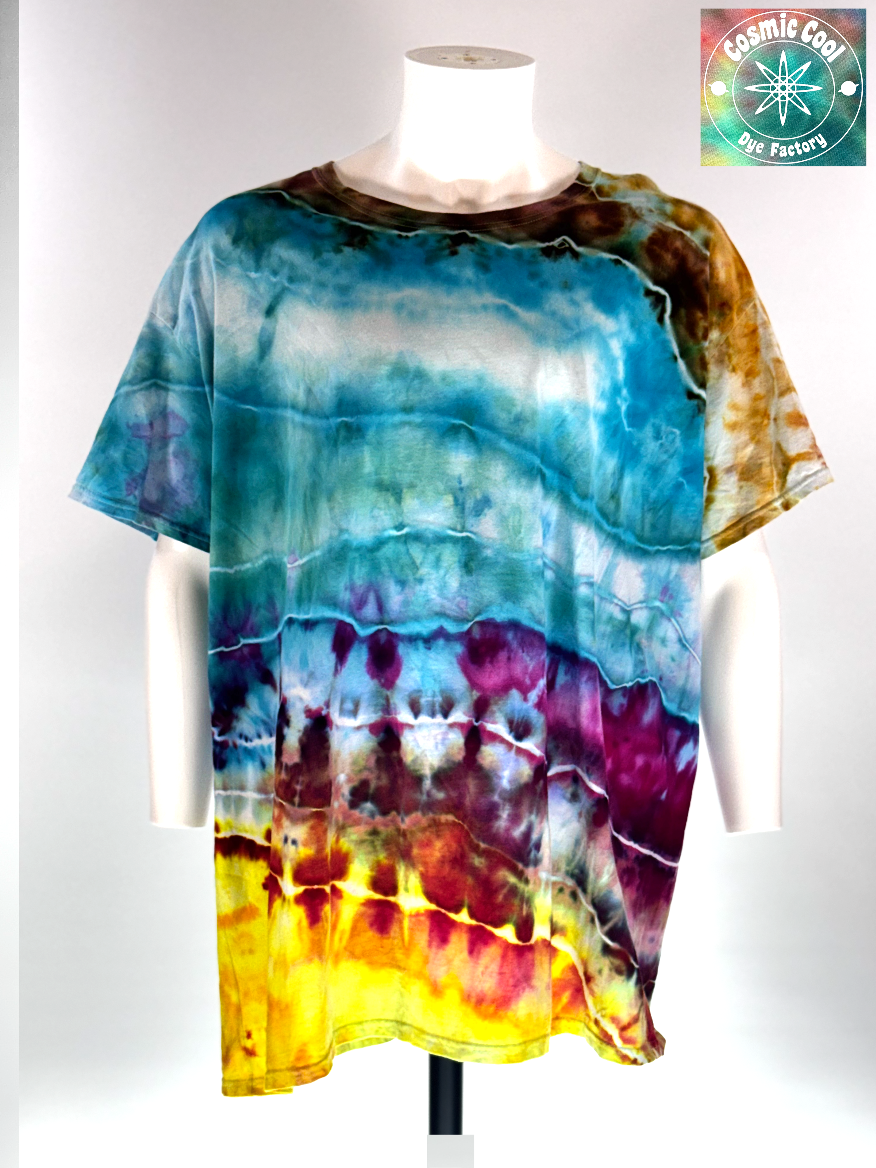 Front View of 3XL short sleeve artisan tee. "Planetary Reflections" features a deep-space palette of swirling nebulas in indigo, amethyst, and stark white light.