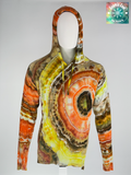 Front view of 3XL Hooded Artisan Tee. "Solar Flare" features radiant, expanding rings of gold, amber, and deep crimson. The specialized raglan sleeve construction allows the dye patterns to flow naturally from the hood down through the shoulders without interruption, creating a seamless landscape of color.