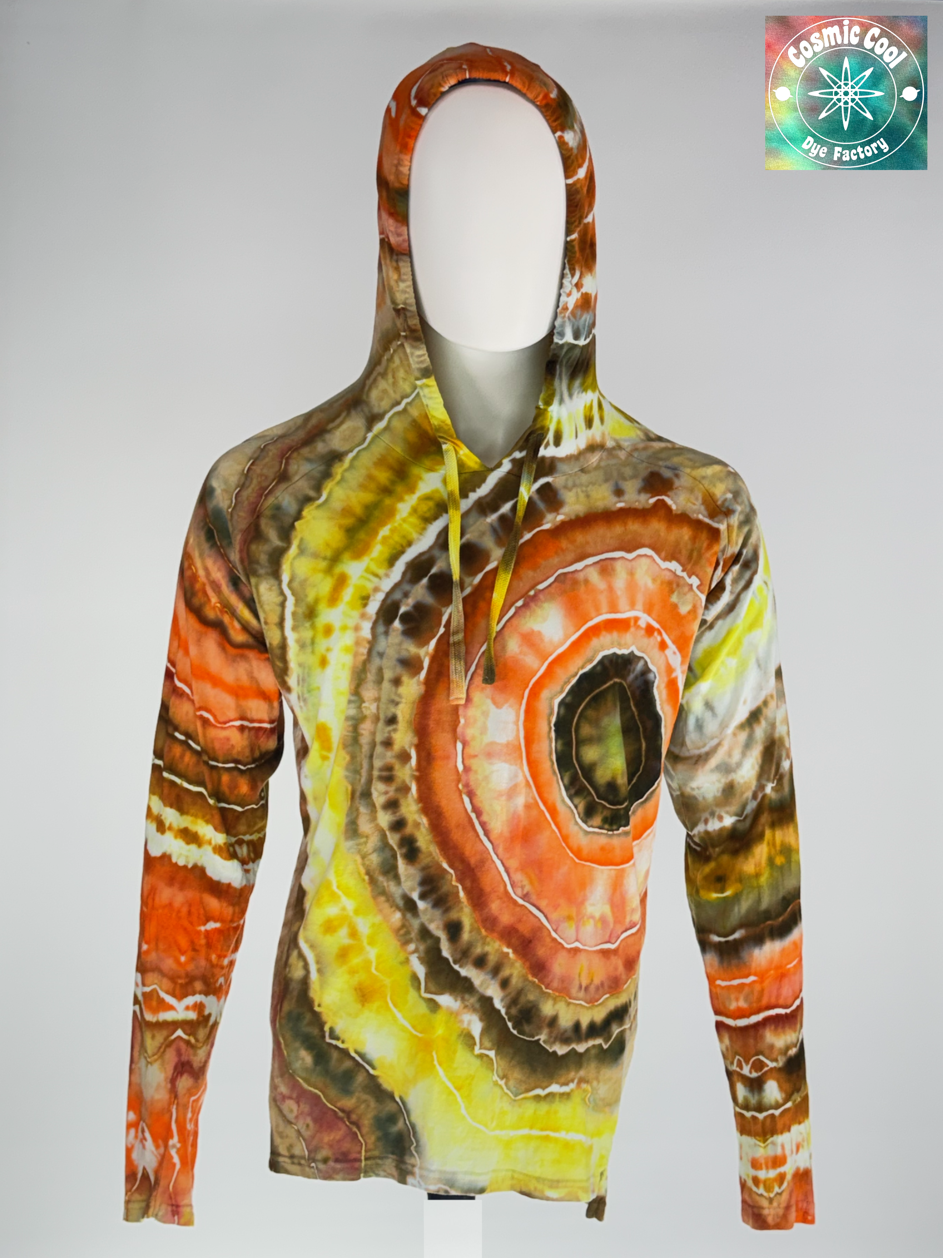 Front view of 3XL Hooded Artisan Tee. "Solar Flare" features radiant, expanding rings of gold, amber, and deep crimson. The specialized raglan sleeve construction allows the dye patterns to flow naturally from the hood down through the shoulders without interruption, creating a seamless landscape of color.