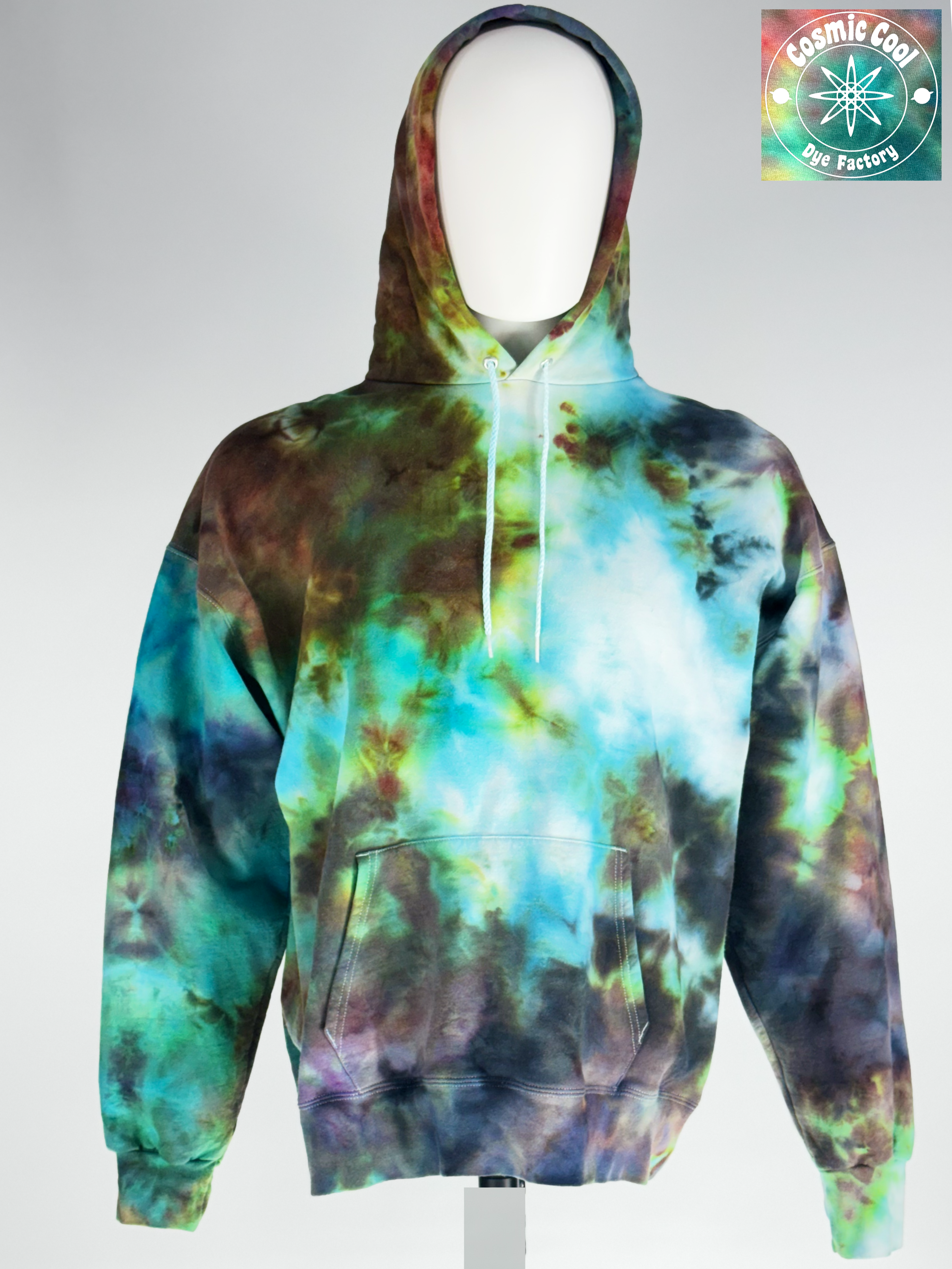 Front view of large Heavyweight hoodie. "Stellar Overcast" features an extended crystallization allow pigments to fracture into unique, high-detail patterns that mimic a sky on the verge of a celestial event.