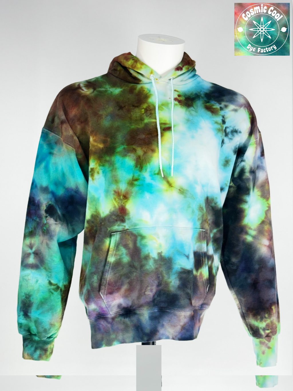 Front view of large Heavyweight hoodie. "Stellar Overcast" features an extended crystallization allow pigments to fracture into unique, high-detail patterns that mimic a sky on the verge of a celestial event.