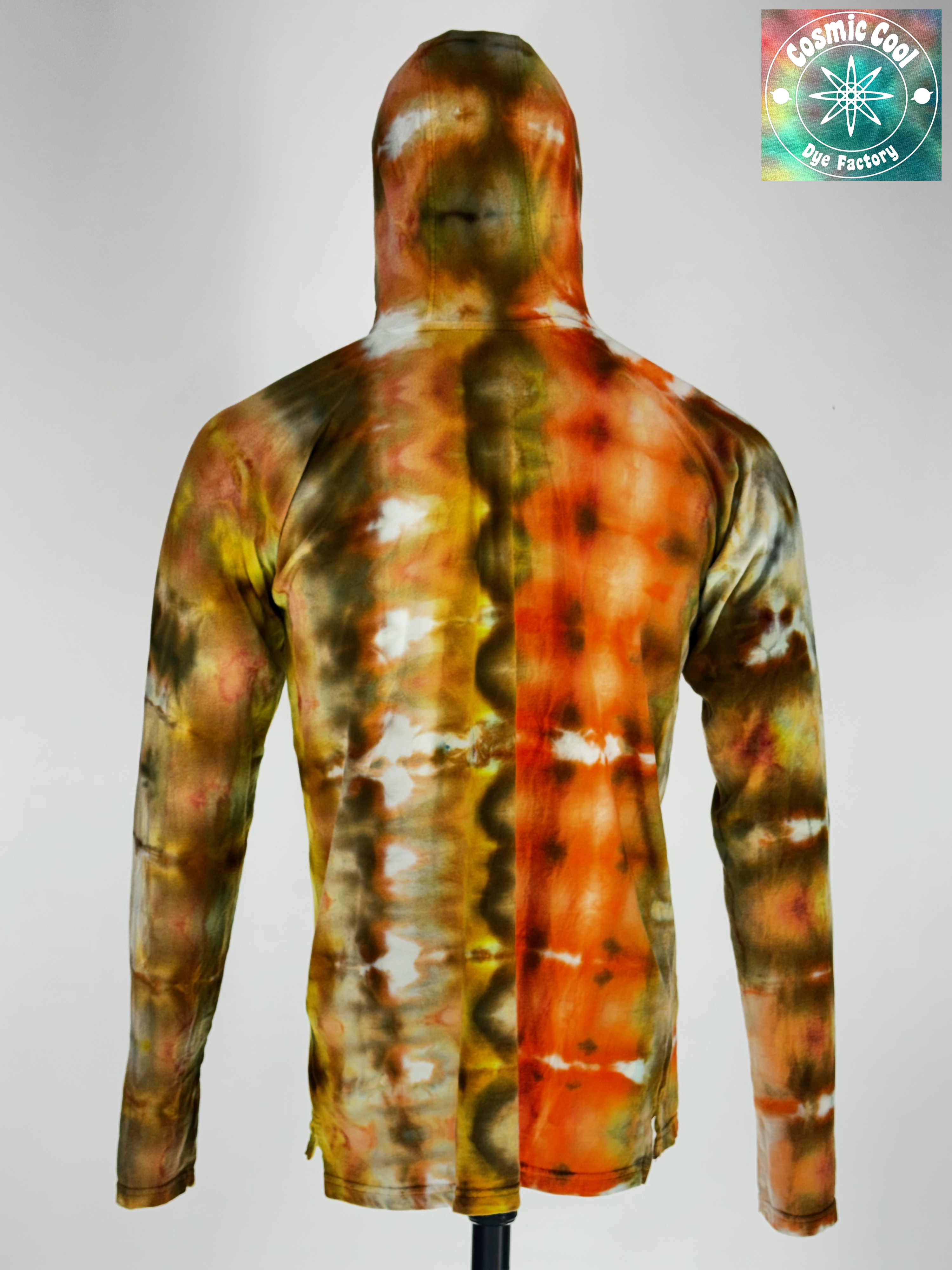 Back View of Medium long sleeve artisan tee. The "Helios Flare" features radiant, expanding rings of gold, amber, and deep crimson. Our specialized&nbsp;raglan sleeve construction allows the "solar flare" dye patterns to flow naturally from the hood down through the shoulders without interruption, creating a seamless landscape of elemental light.