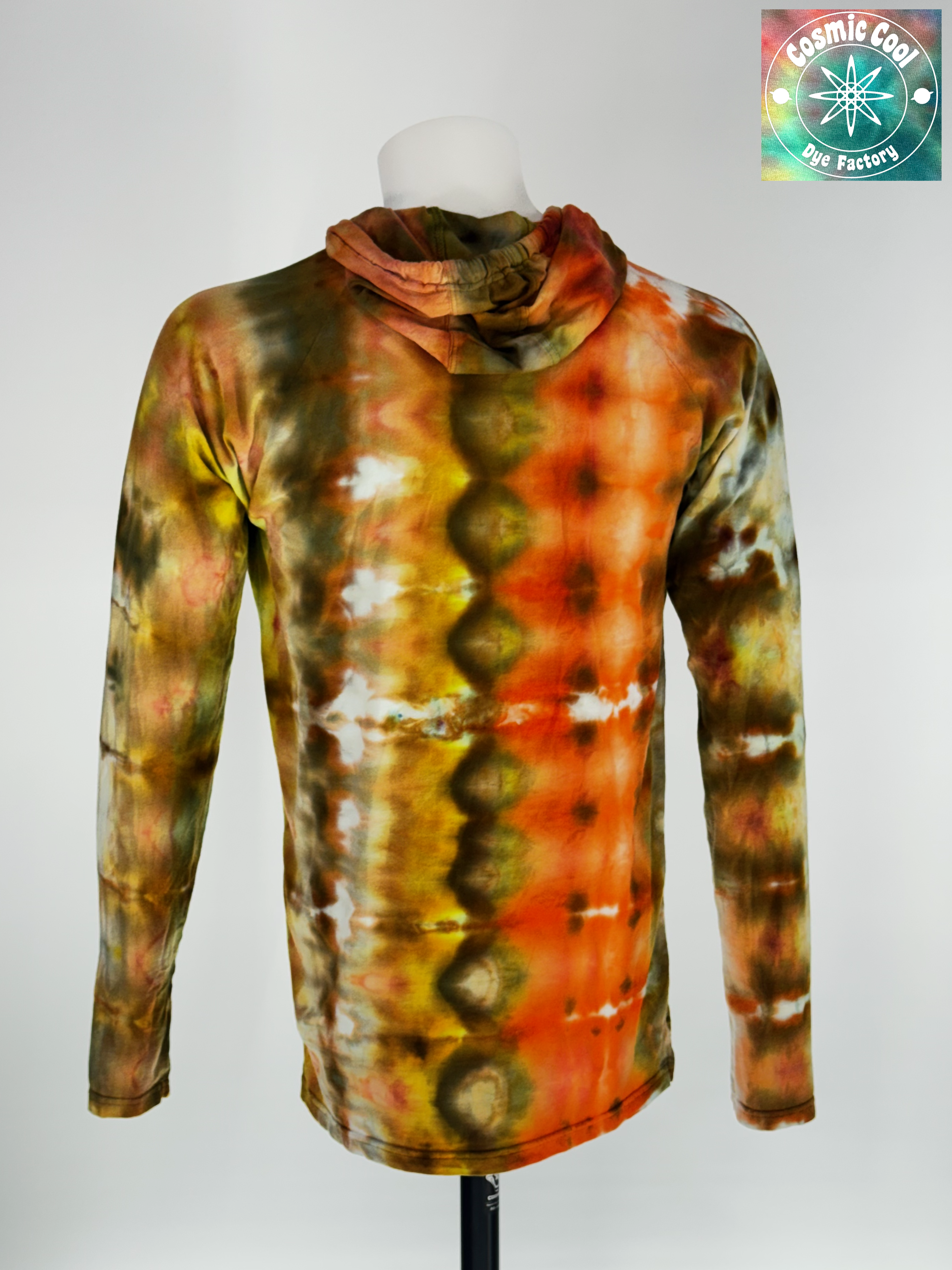 Back view of Medium long sleeve artisan tee. The "Helios Flare" features radiant, expanding rings of gold, amber, and deep crimson. Our specialized&nbsp;raglan sleeve construction allows the "solar flare" dye patterns to flow naturally from the hood down through the shoulders without interruption, creating a seamless landscape of elemental light.