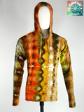 Front view of Medium Artisan light hooded Tee. The "Helios Flare" features radiant, expanding rings of gold, amber, and deep crimson. Our specialized raglan sleeve construction allows the "solar flare" patterns to flow naturally , creating a seamless landscape of elemental light.
