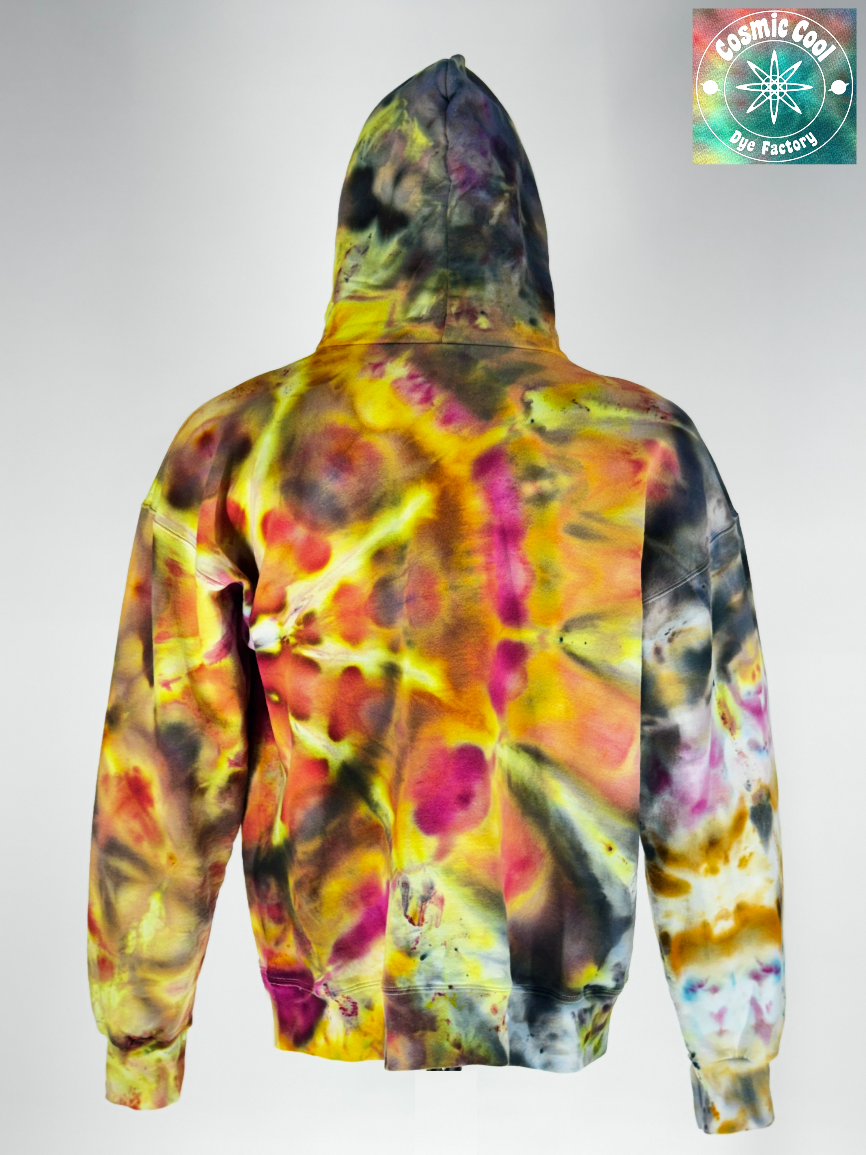 Back view of our Large heavyweight hoodie, Supernova Yellowstar" captures the explosive energy of a collapsing star. The crystalline patterns imprints intense solar yellows and brilliant golds fracture through deep space-shadows. The result is a vibrant, "glowing" effect that feels radiant even in low light.