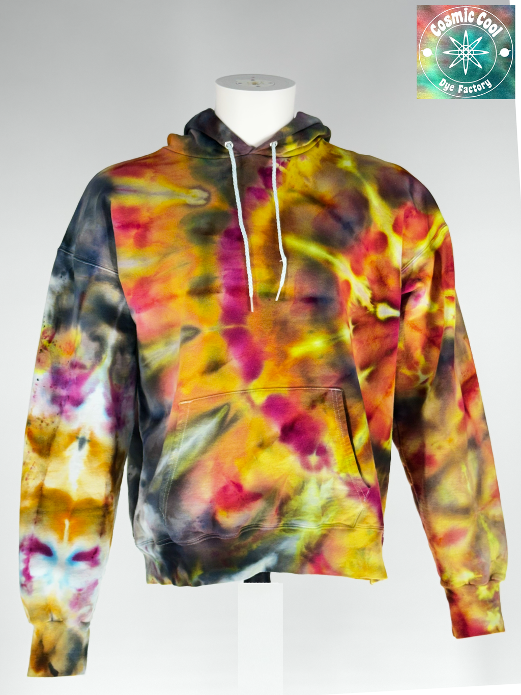 Front view on a headless mannequin of our Large heavyweight hoodie, Supernova Yellowstar" captures the explosive energy of a collapsing star. The crystalline patterns imprints intense solar yellows and brilliant golds fracture through deep space-shadows. The result is a vibrant, "glowing" effect that feels radiant even in low light