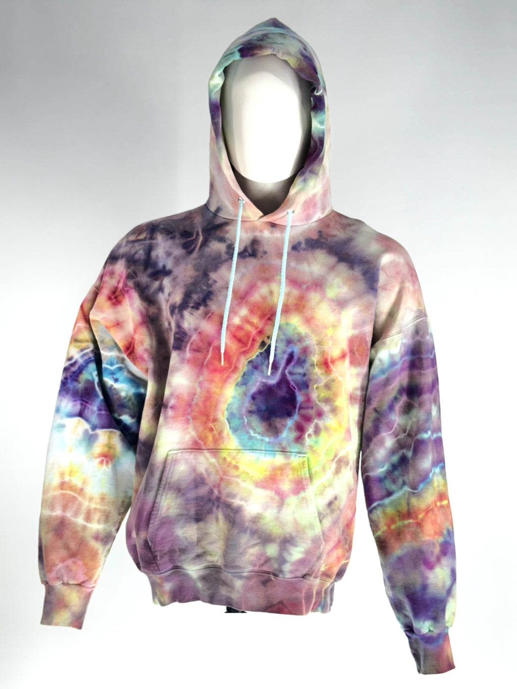 Front view of Our extra-large heavyweight hoodie. "Kinetic Implosion" captures the moment of catastrophic energy collapsing inward. We have harnessed the slow transition of melting ice to fracture pigments into intricate, high-velocity patterns. The resulting crystalline "shards" of color create a sense of movement and raw power that is unique