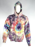 Front view of Our extra-large heavyweight hoodie. "Kinetic Implosion" captures the moment of catastrophic energy collapsing inward. We have harnessed the slow transition of melting ice to fracture pigments into intricate, high-velocity patterns. The resulting crystalline "shards" of color create a sense of movement and raw power that is unique