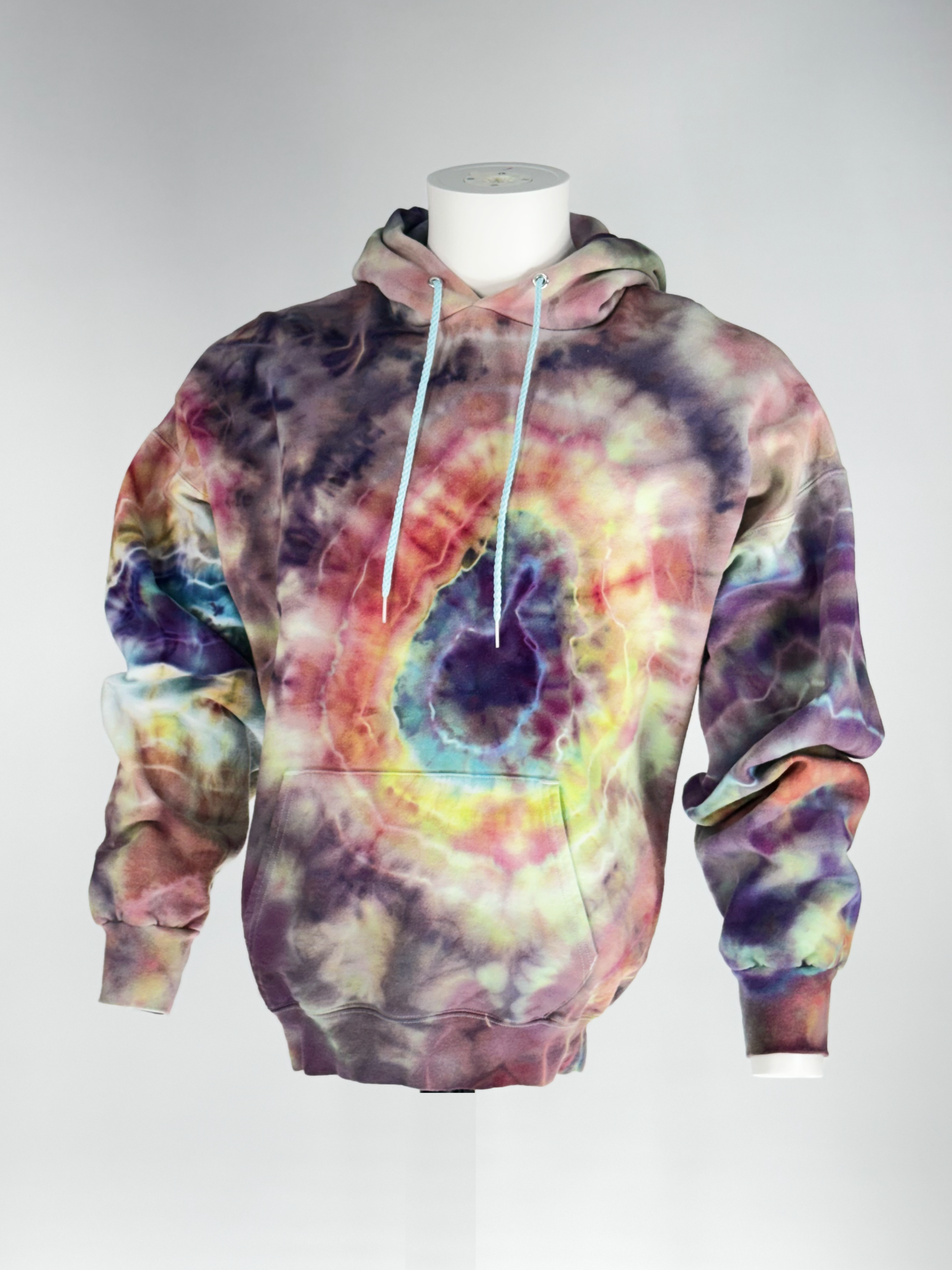 Front view hood down, Manaquine no head. extra-large heavyweight hoodie. "Kinetic Implosion" captures the moment of catastrophic energy collapsing inward.  we have harnessed the slow transition of melting ice to fracture pigments into intricate, high-velocity patterns. The resulting crystalline "shards" of color create a sense of movement and raw power that is unique