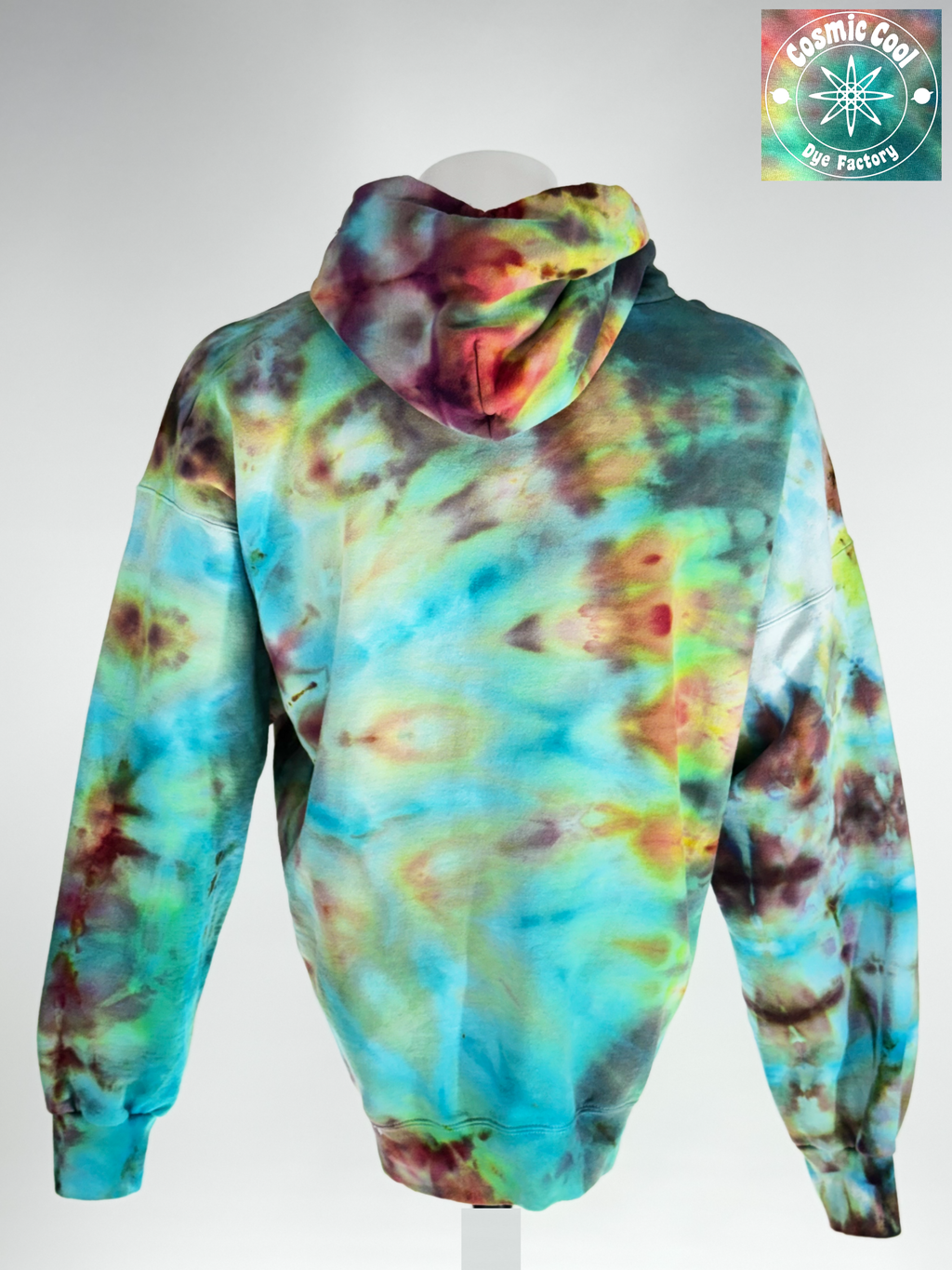 Back  view of a 2XL Ice-dyed Heavyweight Hoodie.The Vision: "Bioluminescent Void" explores the intersection of total darkness and organic light. The pigments seem to fracture out to a deep obsidian base, with "glowing" crystalline structures in neon-adjacent violets and electric teals. 