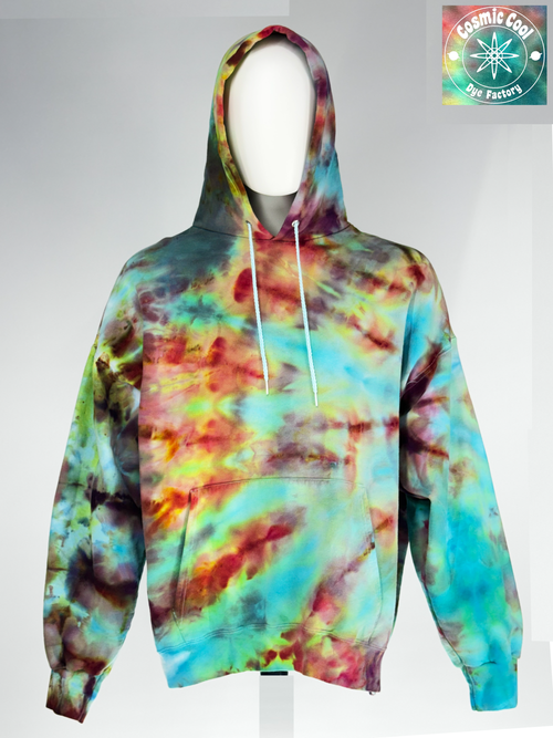 Front view of a 2XL Ice-dyed Heavyweight Hoodie.The Vision: "Bioluminescent Void" explores the intersection of total darkness and organic light. The pigments seem to fracture out to a deep obsidian base, with "glowing" crystalline structures in neon-adjacent violets and electric teals. 