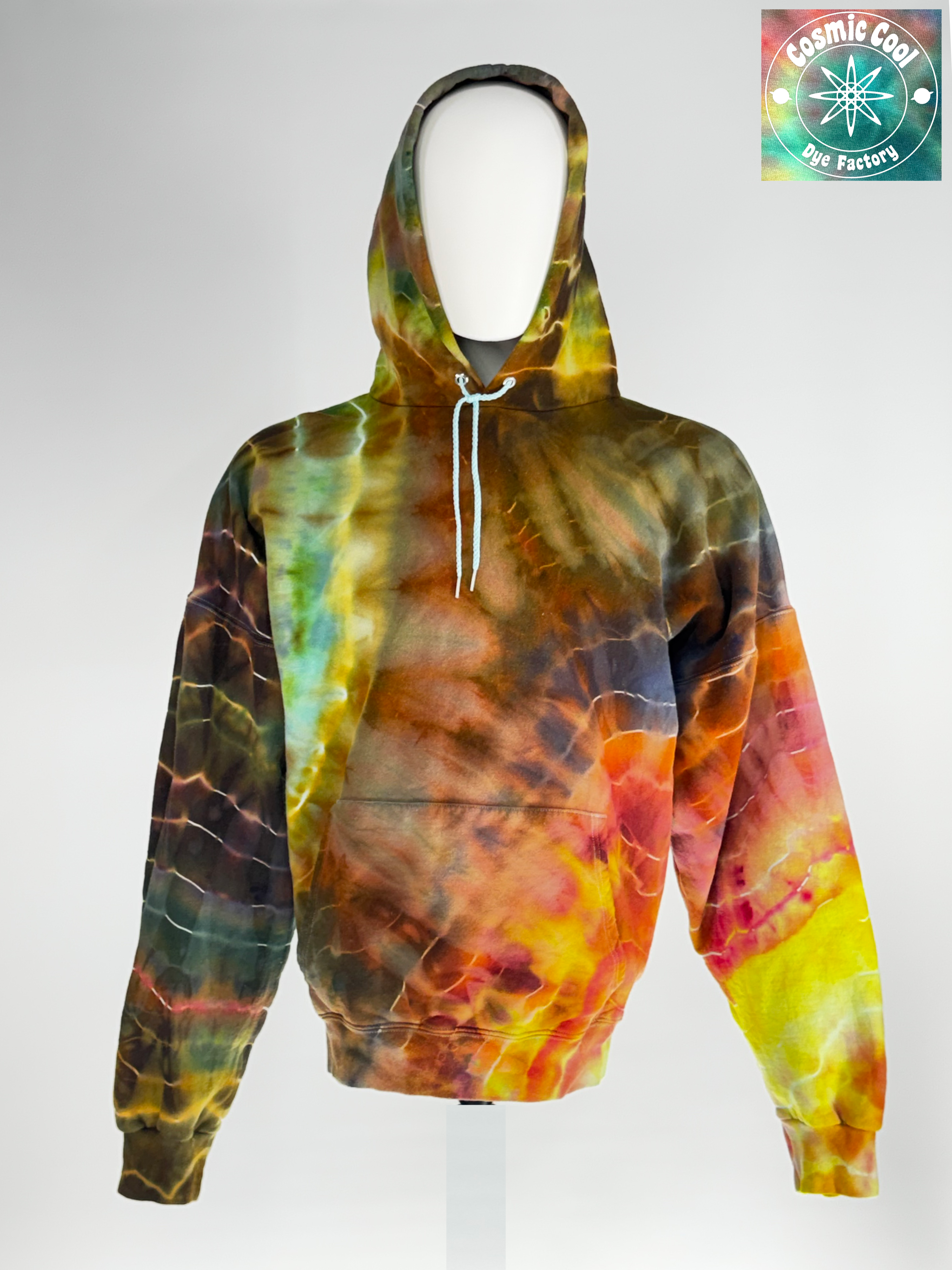 Front View of our XL Heavy Weight Hoodie. "Chronos Drift" captures the slow, inevitable movement of time. Pigments are allowed to drift and settle into intricate crystalline patterns, creating a shifting landscape of color that appears to evolve as you move.
