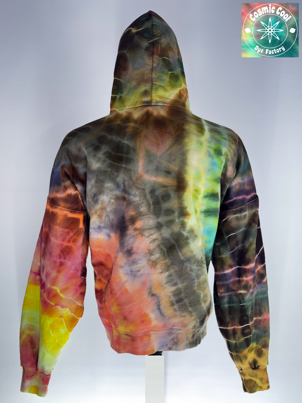 Back  View of our XL Heavy Weight Hoodie. "Chronos Drift" captures the slow, inevitable movement of time. Pigments are allowed to drift and settle into intricate crystalline patterns, creating a shifting landscape of color that appears to evolve as you move.