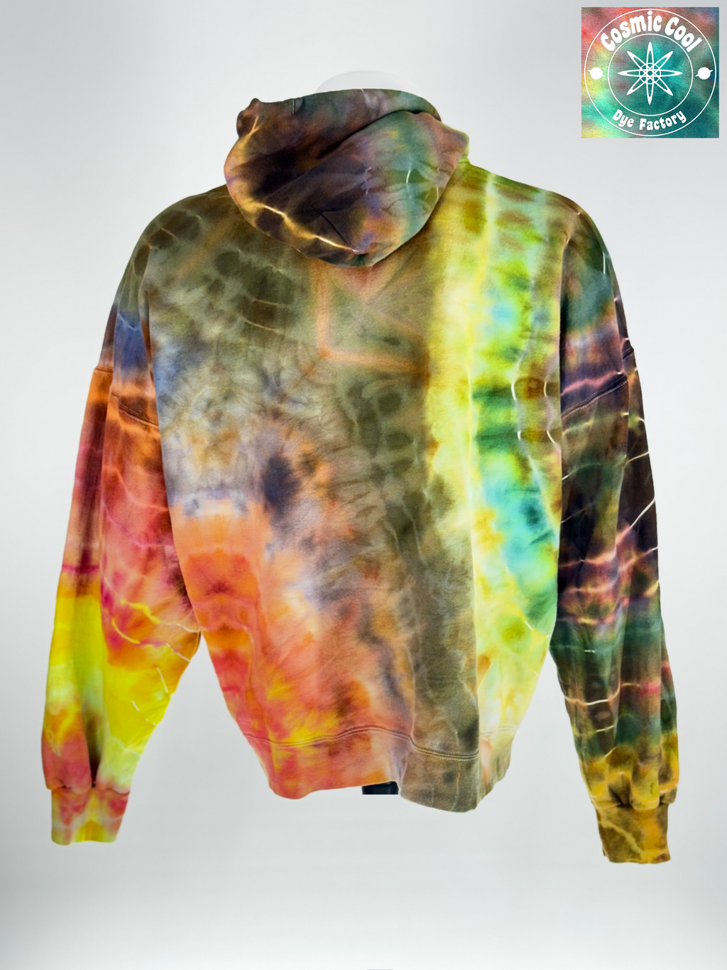 Back View with hood down of our XL Heavy Weight Hoodie. "Chronos Drift" captures the slow, inevitable movement of time. Pigments are allowed to drift and settle into intricate crystalline patterns, creating a shifting landscape of color that appears to evolve as you move.