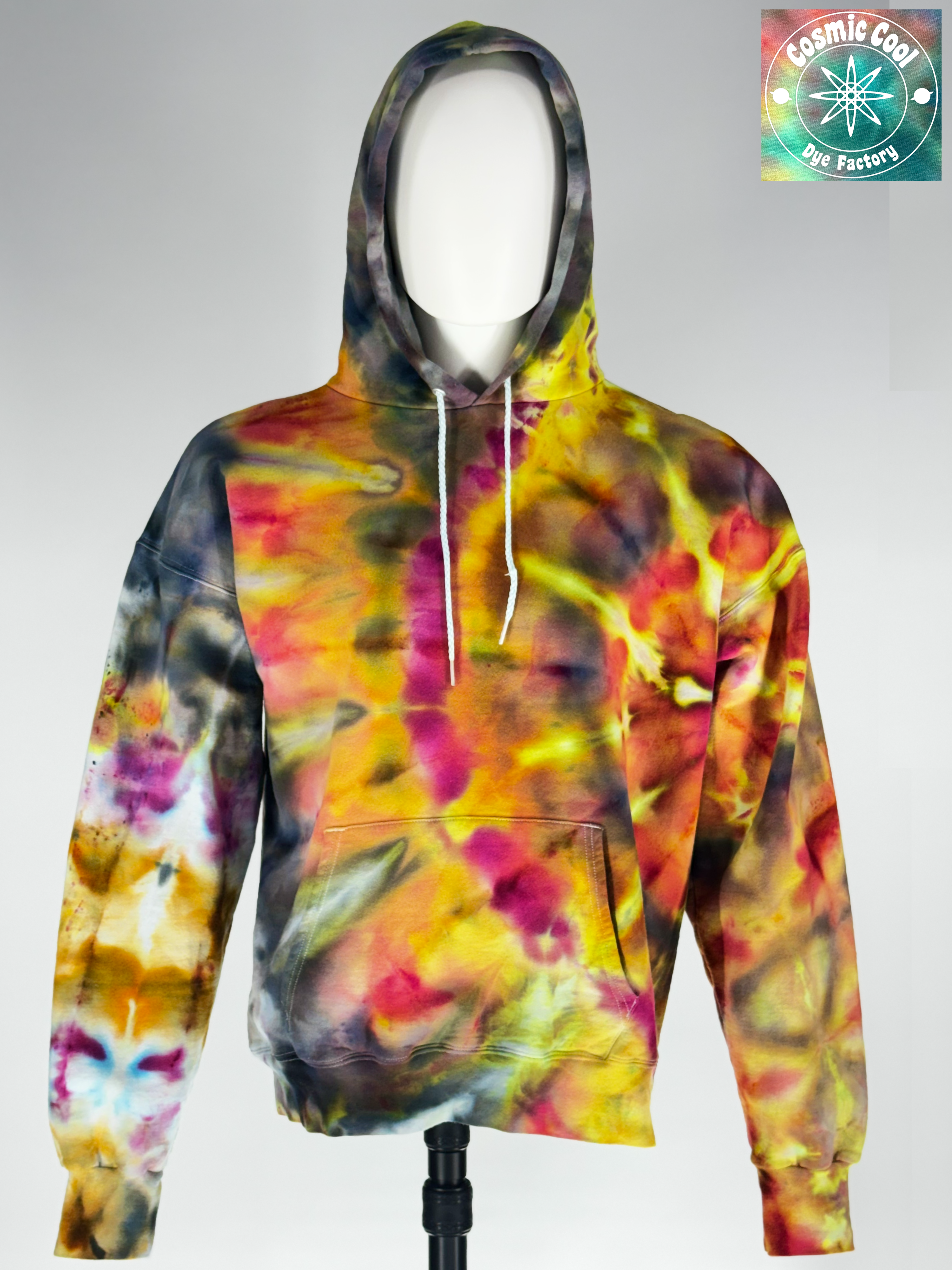 Video of our spinning Large heavyweight hoodie, Supernova Yellowstar" captures the explosive energy of a collapsing star. The crystalline patterns imprints intense solar yellows and brilliant golds fracture through deep space-shadows. The result is a vibrant, "glowing" effect that feels radiant even in low light.